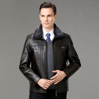 恒源祥官方正品海宁中年皮衣男带毛领加厚加绒内胆可拆卸冬季翻领