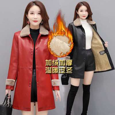 恒源祥官方正品海宁皮衣女外套中长款加绒加厚大码女式皮大衣中老