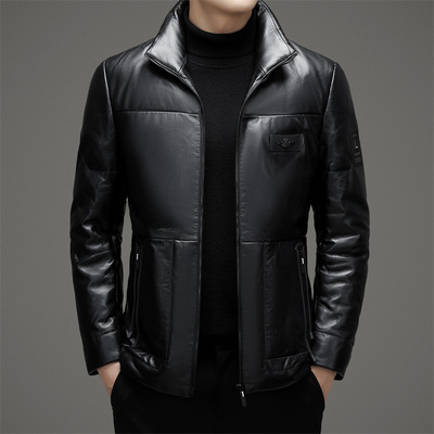 恒源祥官方正品冬季海宁真皮皮衣男中年休闲立领皮羽绒服皮夹克外