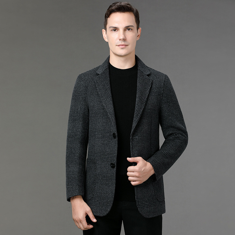 恒源祥官方正品双面呢子大衣男春秋冬休闲小西装韩版格子西服加厚