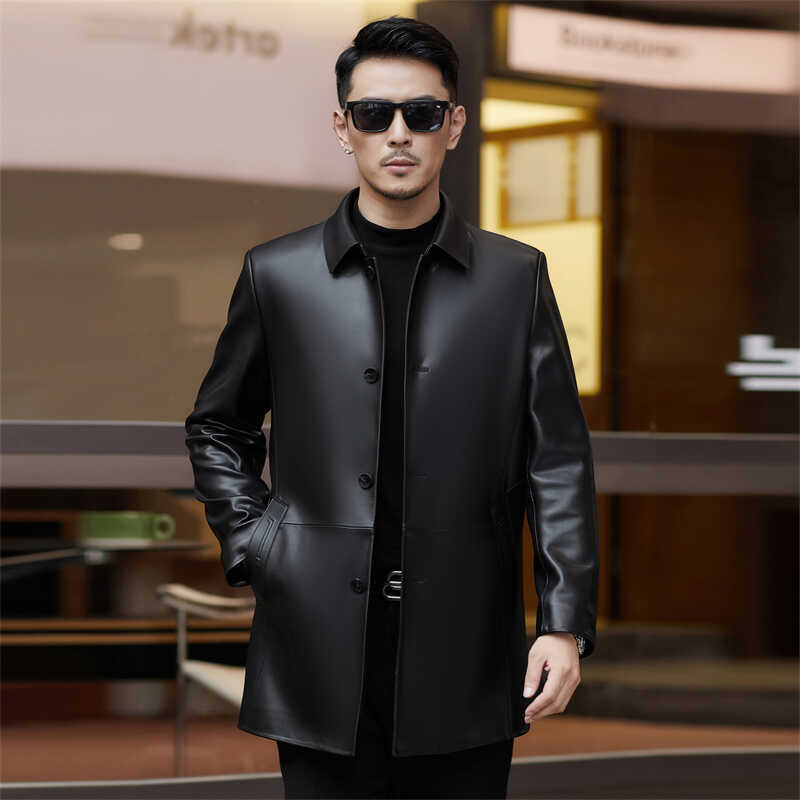 恒源祥官方正品海宁皮衣男士真皮中长款商务翻领风衣春秋薄皮外套