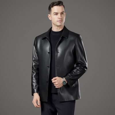 恒源祥官方正品海宁真皮皮衣男机车中年男士爸爸装秋冬翻领短款扣