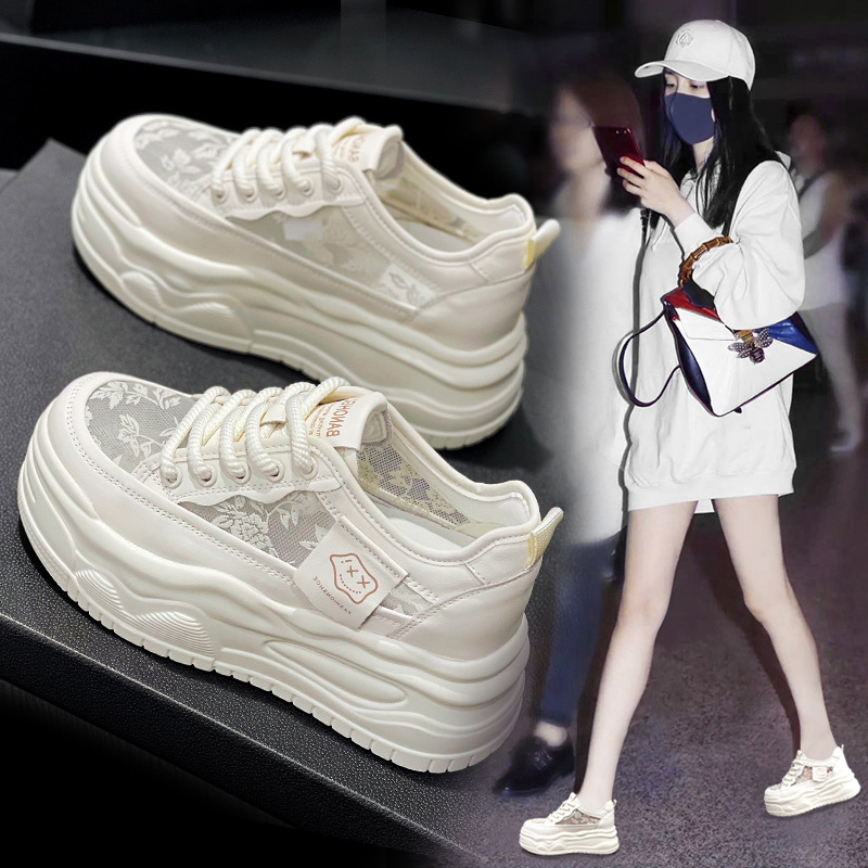 香港欧洲站厚底小白鞋女2025夏季薄款透气板鞋新款网面老爹鞋8公