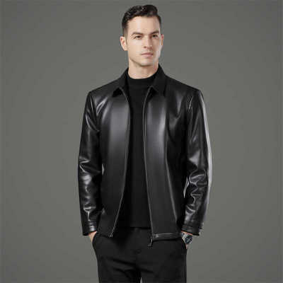 恒源祥官方正品海宁皮衣男真皮翻领秋冬皮衣商务爸爸装软皮夹克羽
