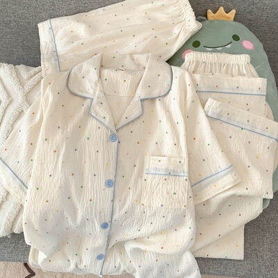 浪莎睡衣女春夏季云朵纯棉绸棉纱短袖可爱大码宽松家居服三件套