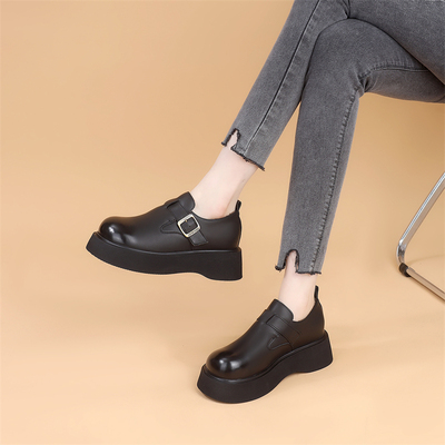 复古黑色英伦风厚底小皮鞋女2025新款秋冬季百搭松糕底增高勃肯鞋