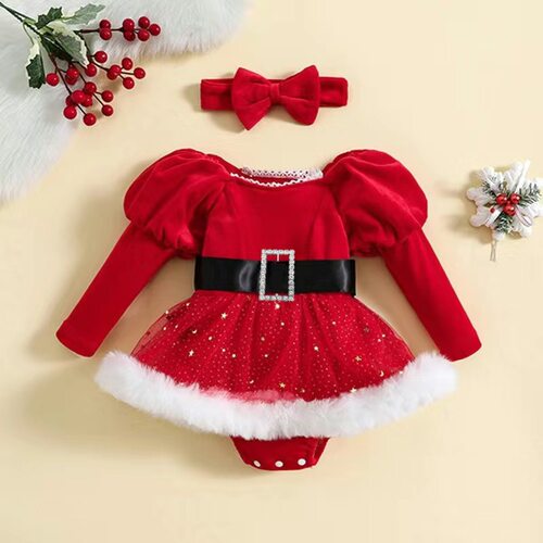 Christmas baby clothes with rough edges, mesh, skirts, bags