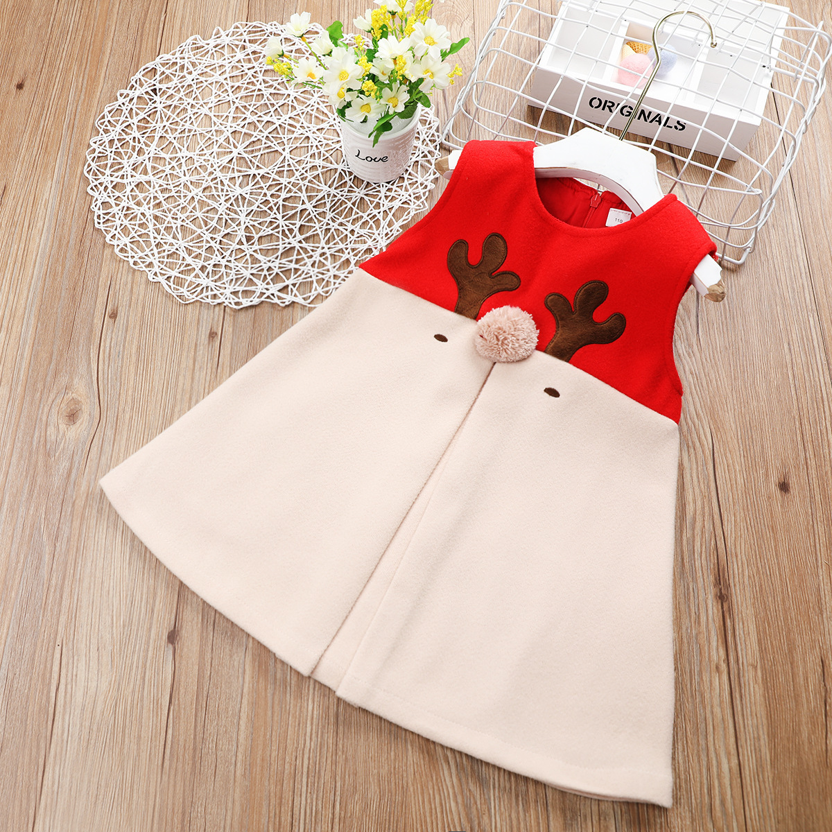 New Christmas dress with woolen sleeves, A-line skirt, vest