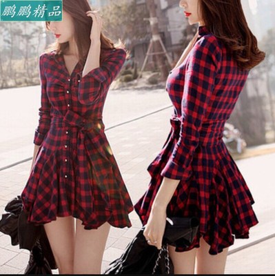 Summer Dress 2016 Retro Women Red Plaid Shirt Casual Dresses