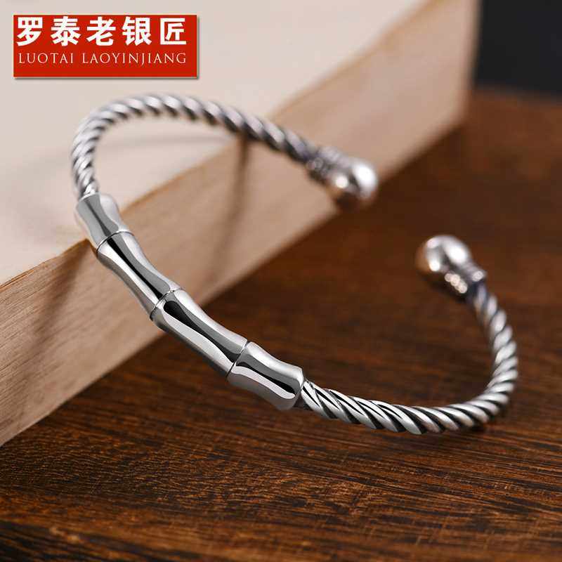 正品罗泰老银匠男士99纯银竹节手镯男士款潮牌小众设计感足银镯子