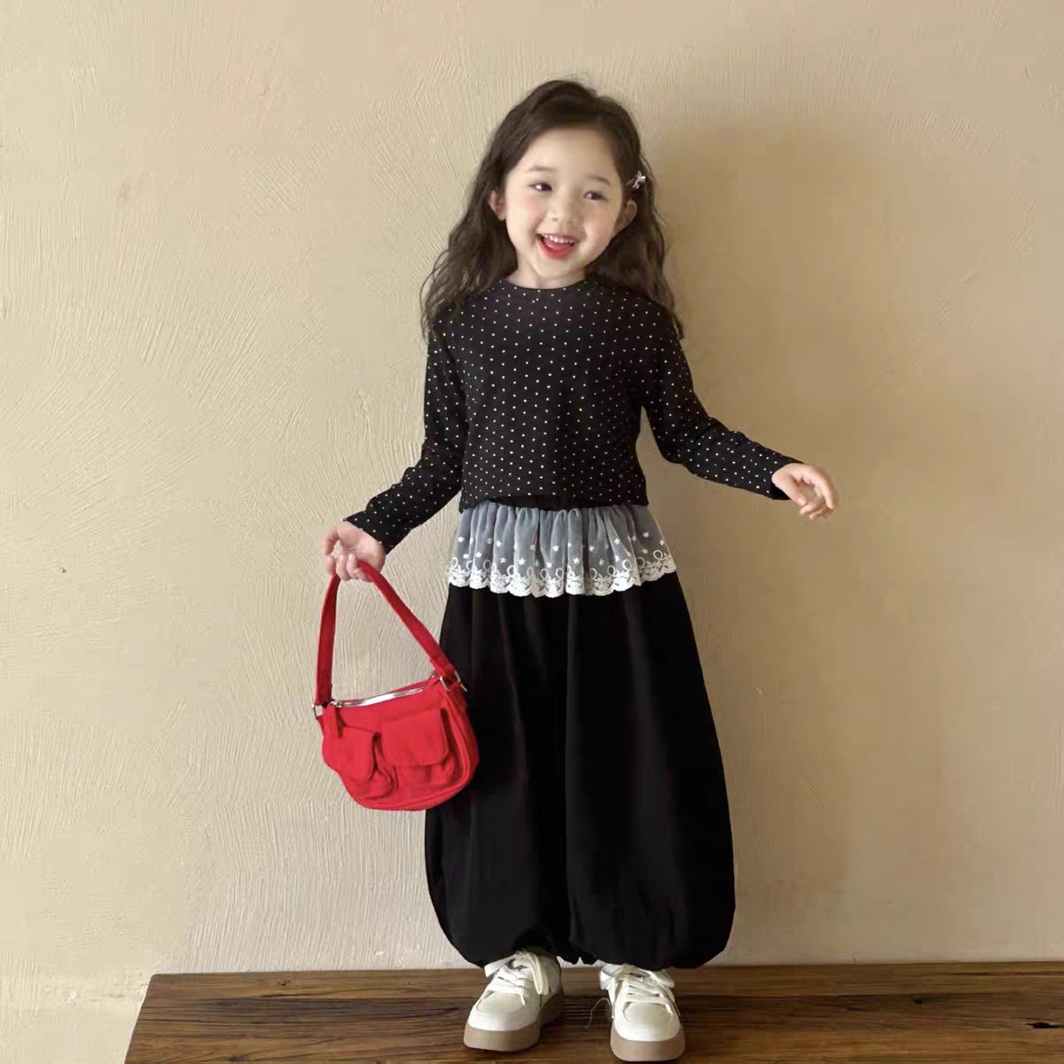 新款春秋两季女童公主千金风韩版波点打底衫蕾丝花边裤两件套装