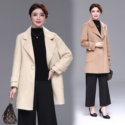 恒源祥妈妈双面呢大衣中老年羊绒大衣女中长款女士羊毛毛呢外套秋