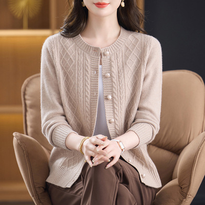 恒源祥100纯羊毛衫开衫女秋冬厚款圆领毛衣中老年妈妈装保暖针织