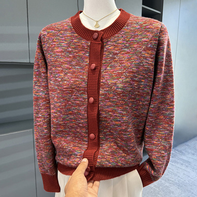 恒源祥妈妈秋装短款圆领单排扣毛衣外套女中老年女装奶奶针织开衫