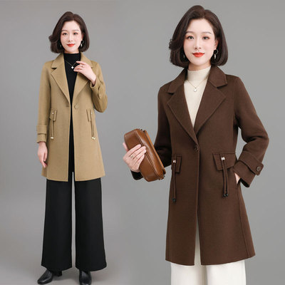 恒源祥秋冬气质妈妈毛呢外套中老年呢子羊毛无双面羊绒大衣女中长