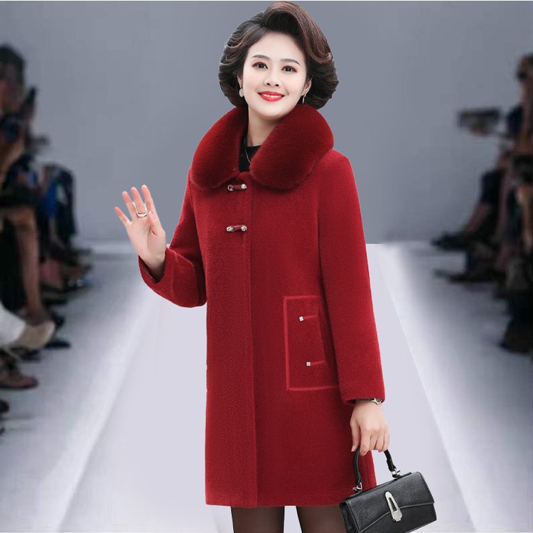 恒源祥妈妈冬装加绒加厚仿水貂绒外套洋气高贵中老年女装毛呢大衣