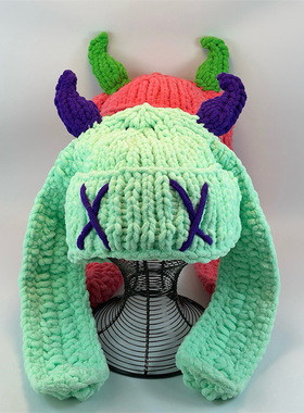 香港潮牌新款大兔耳朵时尚保暖防寒毛线帽秋冬可爱小恶魔牛角针织