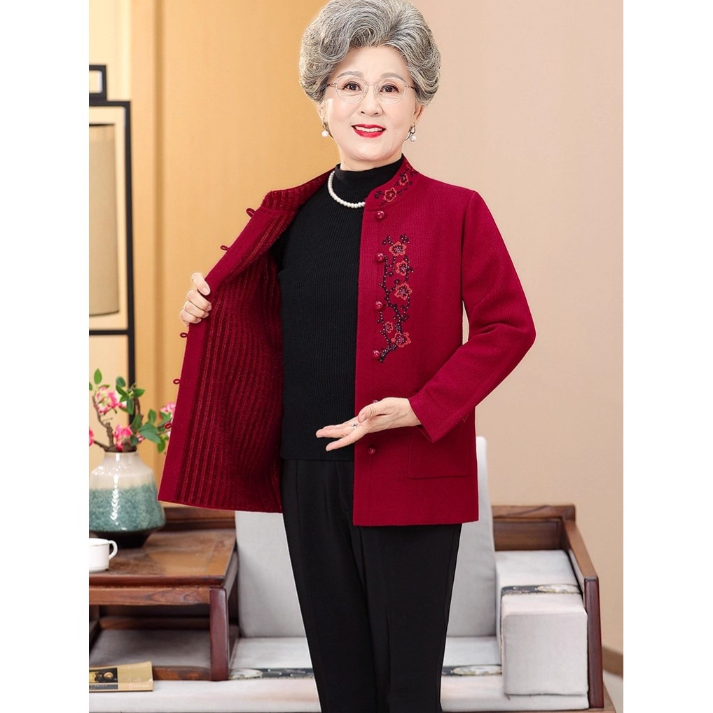 恒源祥奶奶春秋女长袖婚宴开衫中老年人冬装羊毛衣妈妈加绒过寿唐,男装,中老年套装,淘宝优惠券,粉丝福利购,淘宝优惠卷