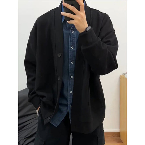 黑色华夫格开衫卫衣男款秋季高级感cleanfit外套韩系针织V领夹克