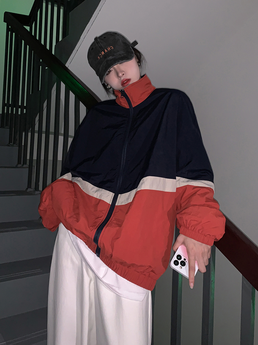 美式复古拼色防风外套男女春秋季薄款宽松立领运动冲锋衣夹克上衣