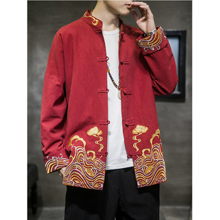 中国风龙纹刺绣红色复古盘扣唐装男衣服年会中山装外套新年套装潮