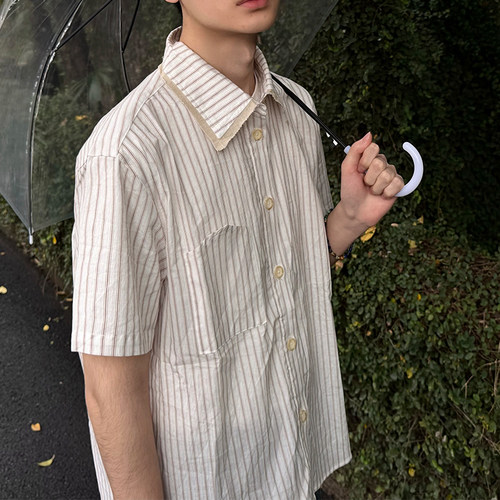 美式复古短袖拼接条纹衬衫夏日老钱短宽Boxy纽扣提花做旧街头衬衣