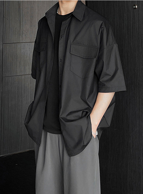 潮流痞帅黑色衬衫男短袖夏季潮牌宽松美式多口袋工装衬衣外套大码