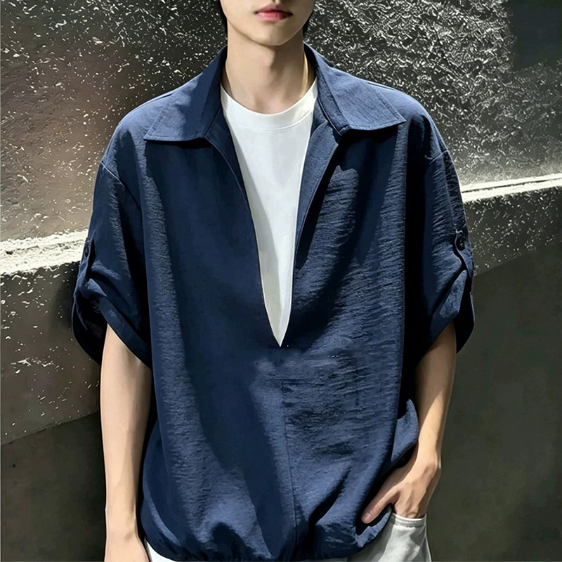 藏蓝色假两件短袖衬衫男夏季薄款仿亚麻V领衬衣拼接情侣半袖外套