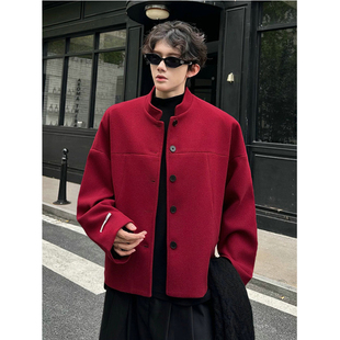 红色新中式毛呢西装外套男生穿搭高级感呢子大衣短款痞帅休闲西服