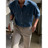 复古牛仔长袖 衬衫 衬衣男春秋高级感韩系宽松蓝色衬衫 美式 工装 寸衣
