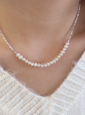 S925纯银天然珍珠碎银子几两珠法式项链女设计感轻奢气质韩国ins