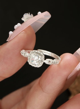 S999纯银足银方糖戒指女ins小众轻奢高级感方钻链条食指开口指环