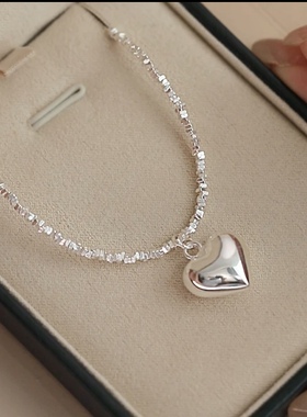 S925纯银小清新光面爱心碎银项链甜美气质女式颈饰小众气质设计