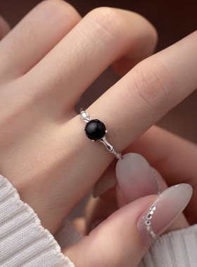 s925纯银泰银竹节优化黑玛瑙开口戒指复古风气质指环女小众设计感