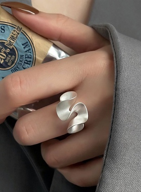 佛罗伦萨风波浪复古s925通体纯银戒指女磨砂花边个性ins开口指环