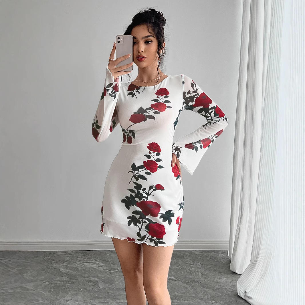 欧美亚马逊2025年秋冬女士性感花卉露背网纱喇叭袖迷你连衣裙