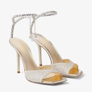 欧美时装凉鞋 方头格丽特水钻链条细跟女鞋sandals women hee