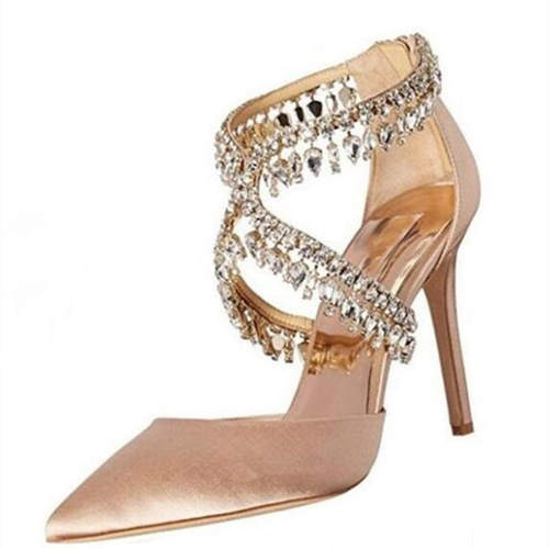 跨境欧美时装凉鞋尖头水钻细跟女鞋 速卖通大码婚鞋wedding shoes