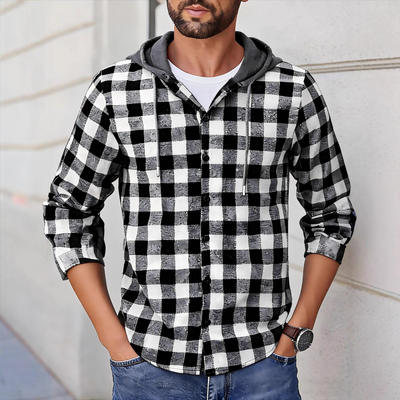 2026欧美爆款春秋开衫连帽休闲跨境外贸TK格子男长袖衬卫衣qs-35