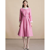 新款 实拍现货法式 复古优雅显瘦小香风连衣裙圆领单排扣裙子送腰带