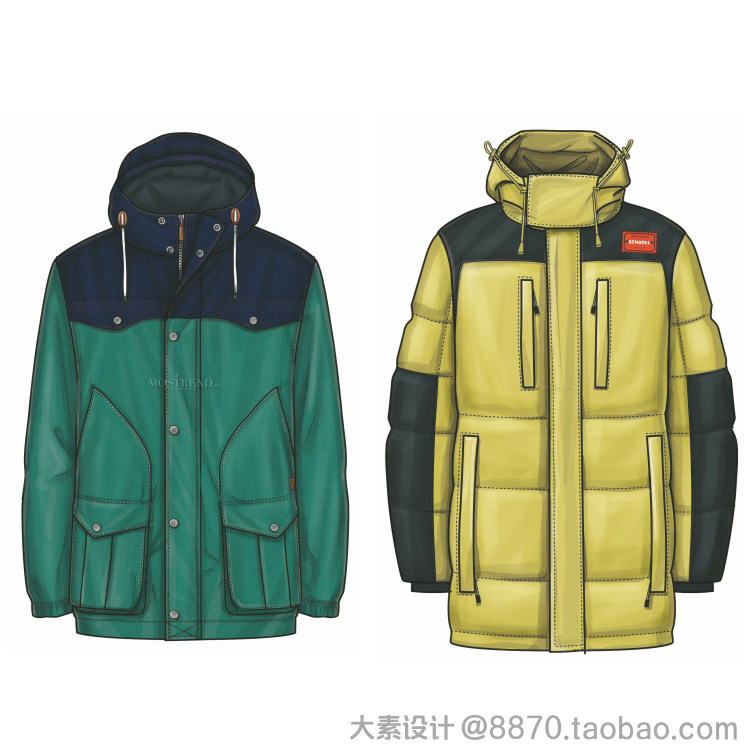 K3男装棉服羽绒服AI线稿矢量图 服装设计款式图效果图参考素材