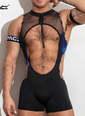 ThePack男士时尚性感镂空网眼孔雀翎色颈拉链平角连体服SS25U23