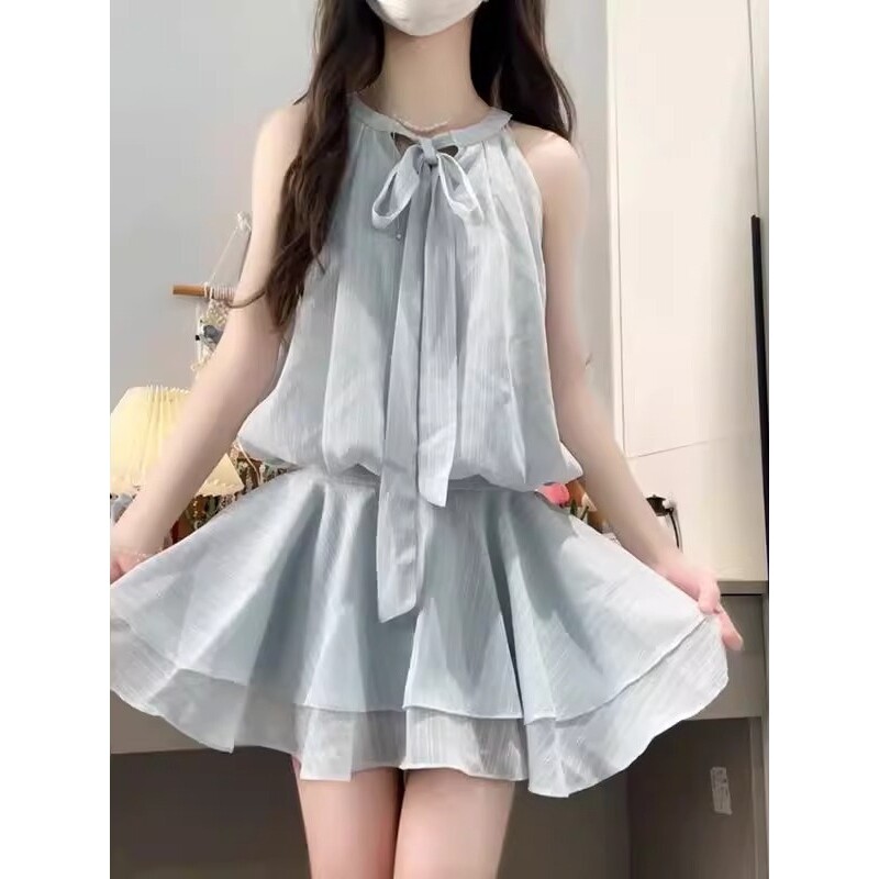 新品好质量2025夏仙女装无袖挂脖小清新连衣裙小个子法式文艺a字