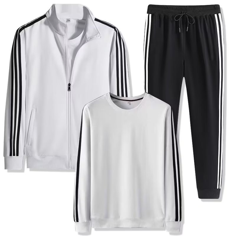 新品春秋冬季仿棉三条杠休闲运动服套装男士简约休闲大码开衫卫衣
