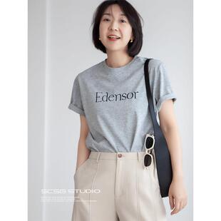 纯棉印花短袖 三吋时光4300ins简约字母T恤 t恤女夏休闲百搭上衣