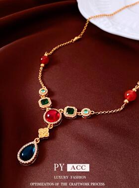 24K真金电镀琉璃水滴吊坠项链中古vintage时尚毛衣链复古百搭项饰