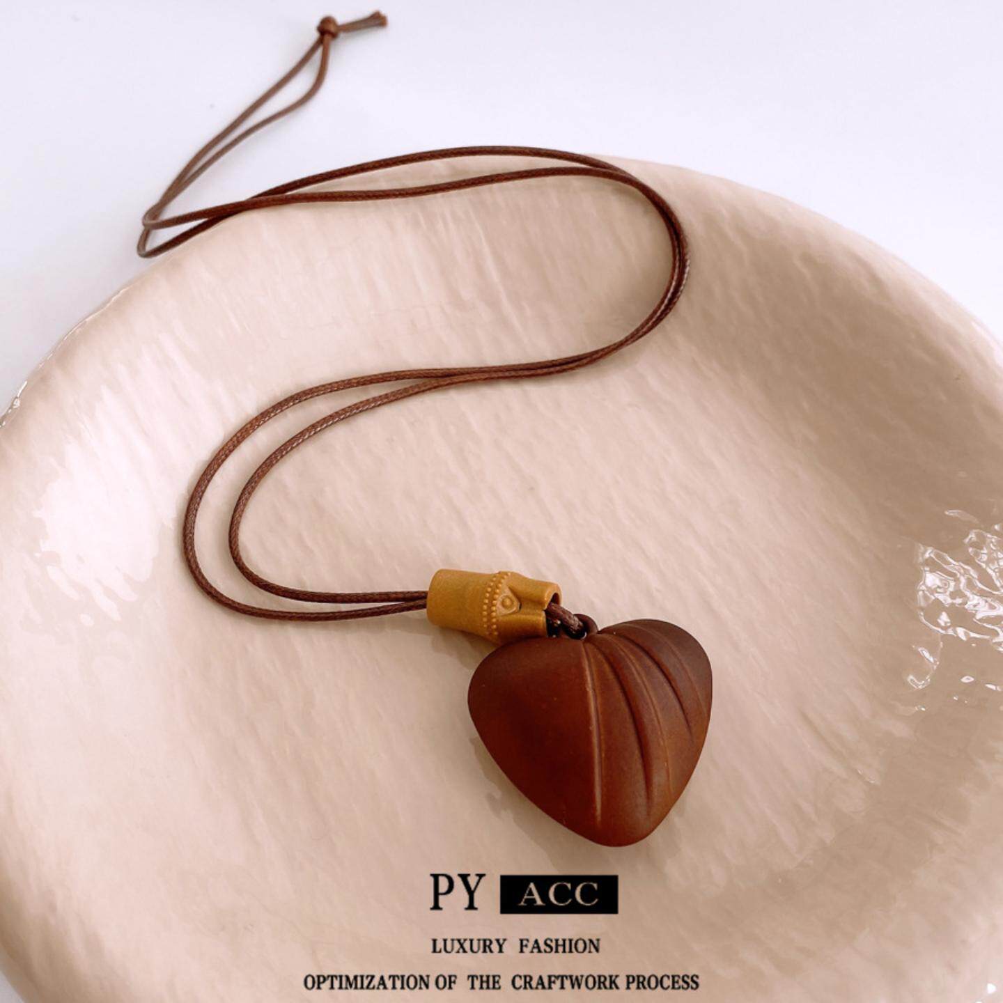 民族风木头爱心竹子串珠项链复古简约时尚毛衣链潮流设计感项饰女