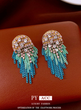 银针复古民族风镶钻流苏耳环ins小众气质耳钉高级感耳饰