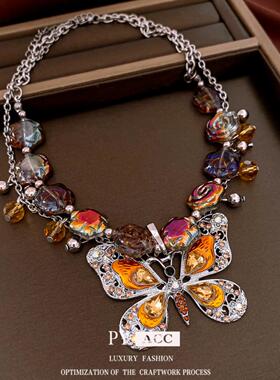 中古vintage镶钻蝴蝶花朵项链夸张复古高级感锁骨链轻奢小众饰品