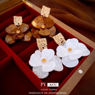 银针美拉德花朵方形褶皱耳环复古夸张港风耳钉通勤气质设计感耳饰